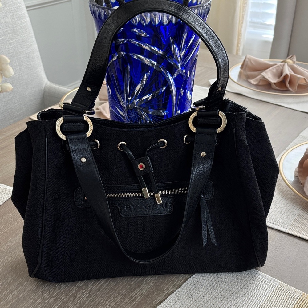 Bulgari Black Canvas and Leather Shoulder Bag with Gold Hardware